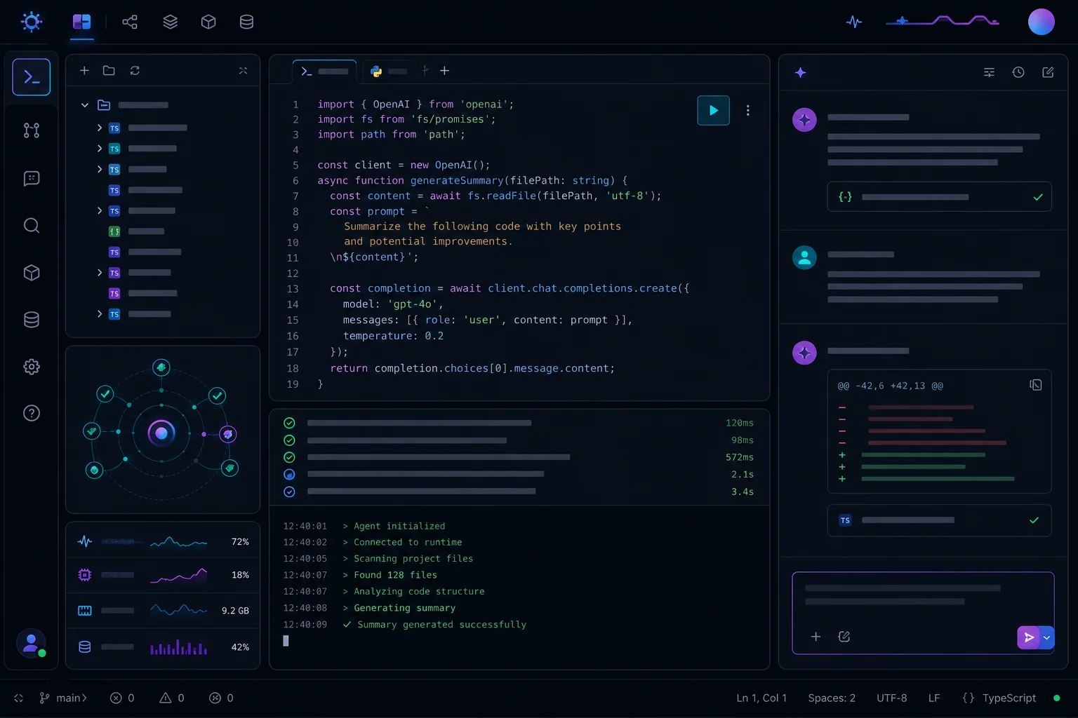 Dashboard Hermes Agent — terminal AI agent dengan tema gelap dan aksen neon